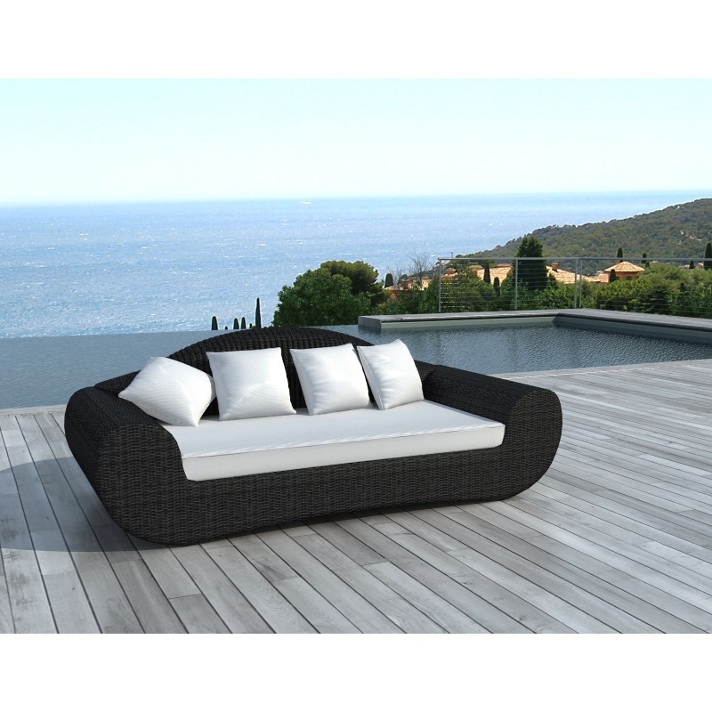 Sofá jardín DIANA de 4 asientos en resina trenzada redonda (cojines negros, blancos/ecru) - image 29810
