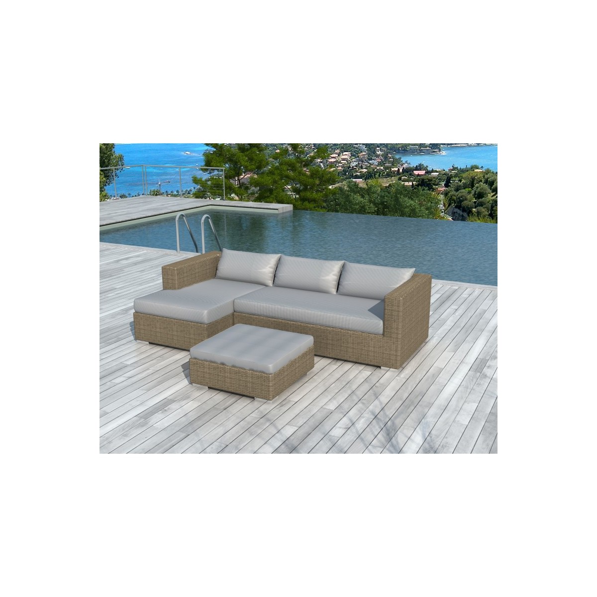 Garden furniture 4 seater BILBAO round braided resin (beige, light gray  pillows)