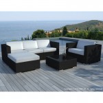 Garden furniture 5 squares SEVILLE woven resin (black, white/ecru cushions)