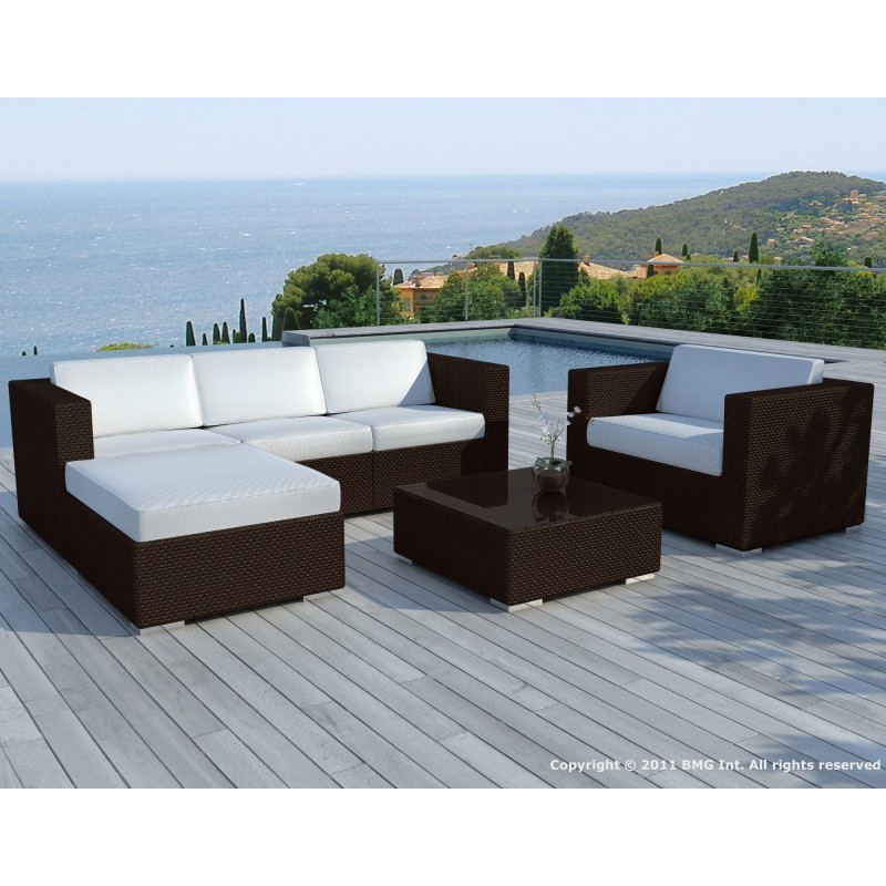 Garden furniture 5 squares SEVILLE resin braided (Brown, white/ecru cushions) - image 29881