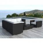 Garden furniture 6 seater LAGOS woven resin (black, white/ecru cushions)