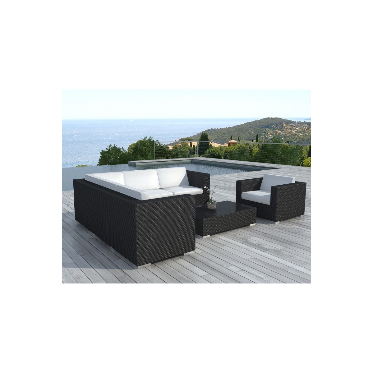 Table à manger et 6 fauteuils de jardin PUEBLO en résine tressée (noir,  coussins blanc/écru)