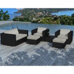Garden furniture 6 seater KUMBA woven resin (black, grey cushions)