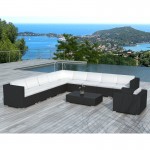 Living room of garden of angle 10 places LOUM woven resin (black, white/ecru cushions)