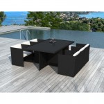 Table à manger et 6 fauteuils de jardin encastrable KRIBOU en résine tressée (noir, coussins blanc/écru)