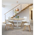 Dining table round design Scandinavian STRIPE in wood and painted metal (Ø 120 cm) (natural, white)