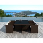 Tavolo da pranzo e 6 sedie built-in giardino KRIBOU in resina intrecciata (marrone, bianco/ecru cuscini)