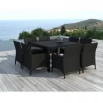 Dining table and 8 chairs garden PALMAS in woven resin (black, white ecru cushions)