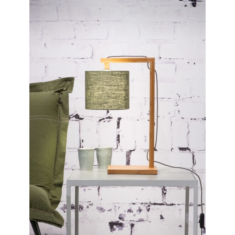 Lampe de table en bambou et abat-jour lin écologique HIMALAYA (naturel, vert foncé) - image 44770