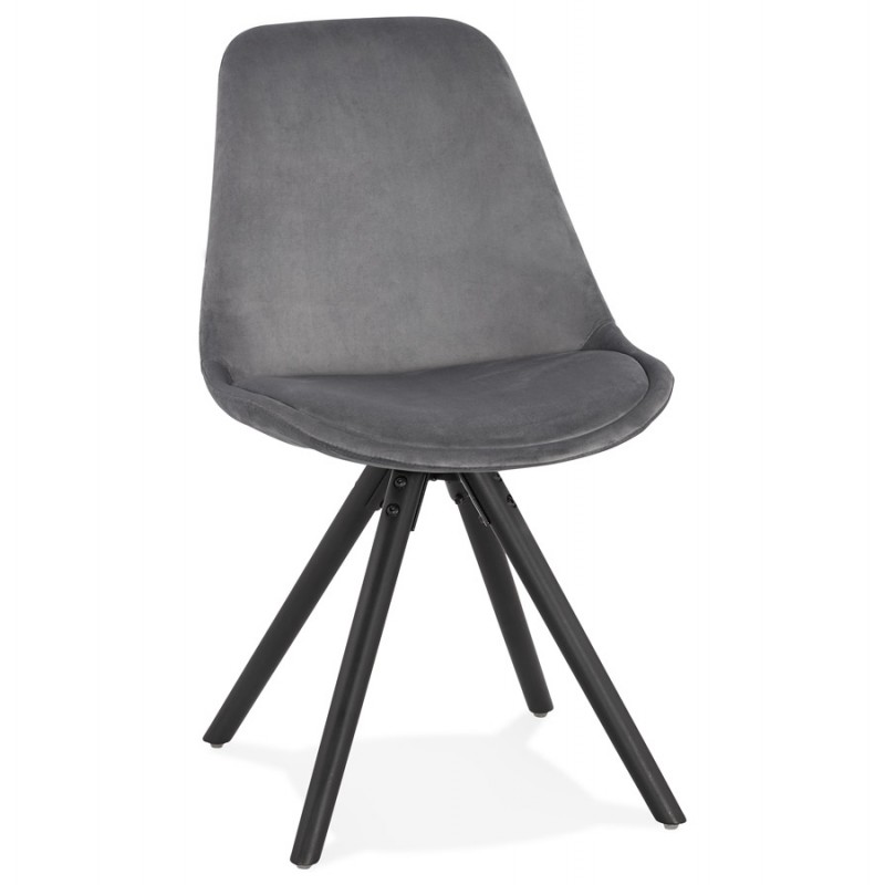 Chaise vintage et industrielle en velours pieds bois noirs ALINA (gris) - image 47419