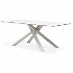 Table à manger design en céramique et métal acier brossé (180x90 cm) FLORINA (blanc)
