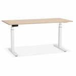 Bureau assis debout électrique en bois pieds blancs KESSY (160x80 cm) (finition naturelle)