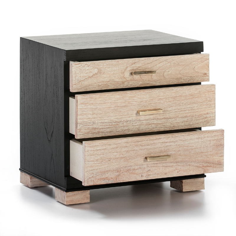 Bedside Table 3 Drawers 55X40X55 Wood Black White Washed - image 50781