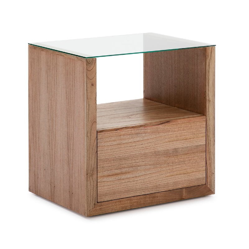 Bedside Table 1 Drawer 60X45X60 Glass Wood Natural Veiled - image 50820