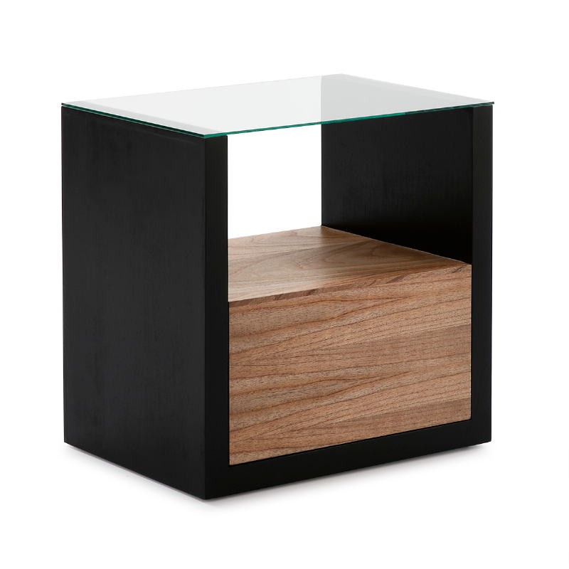 Bedside Table 1 Drawer 60X45X60 Glass Wood Black Natural Veiled