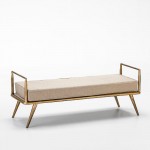 Bench 120X43X48 Metal Golden With Cushion Beige Fabric
