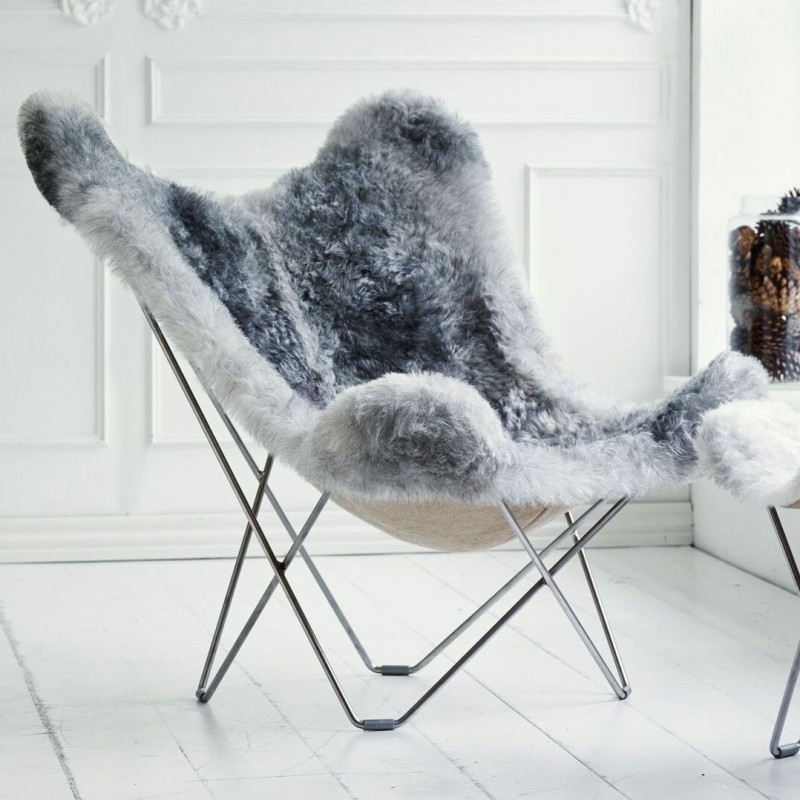 Sheepskin butterfly chair, short hair ICELAND MARIPOSA chrome foot (white, grey) - image 54145