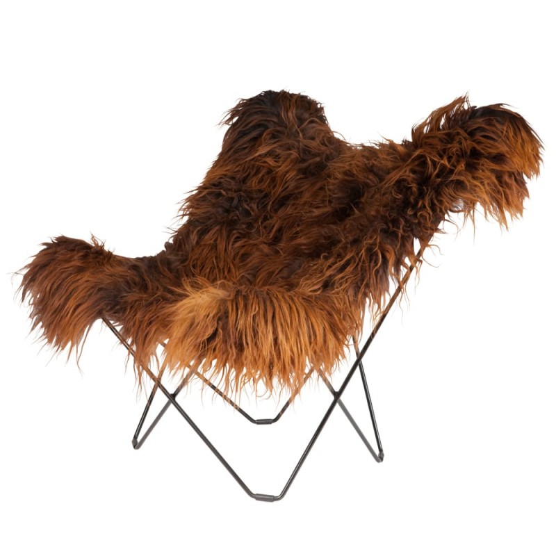 Sheepskin butterfly chair, long hair ICELAND MARIPOSA black metal foot (brown) - image 54286