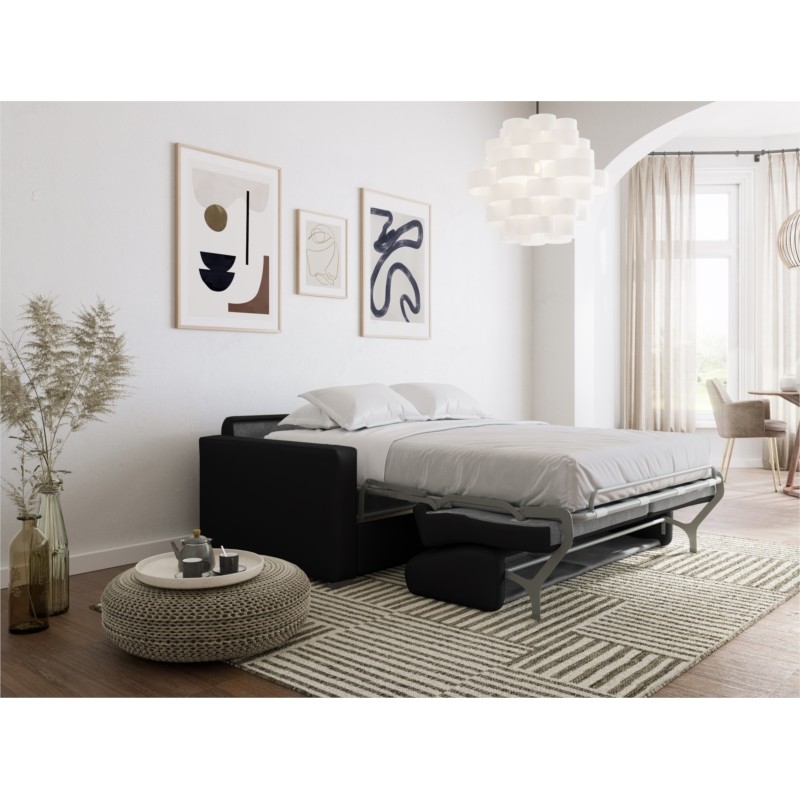 Sofa bed 3 places leather Mattress 140 cm NOELISE Black - image 54471