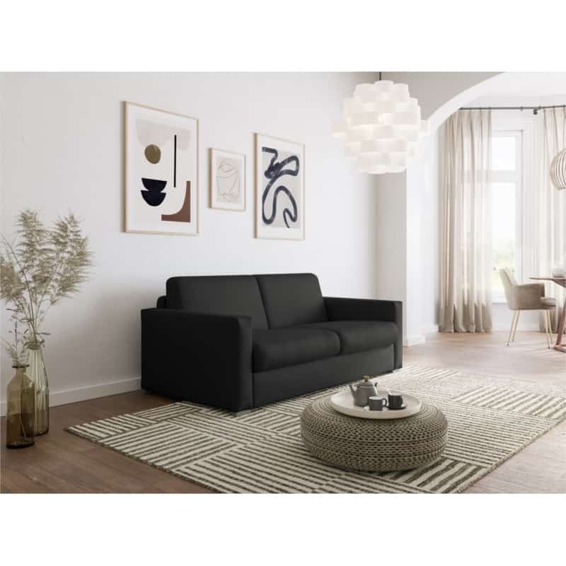 Sofa bed 3 places leather Mattress 140 cm NOELISE Black - image 54480