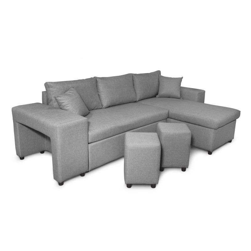 Corner sofa 3 places fabric pouf left shelf right ADRIEN (Light grey) - image 55530