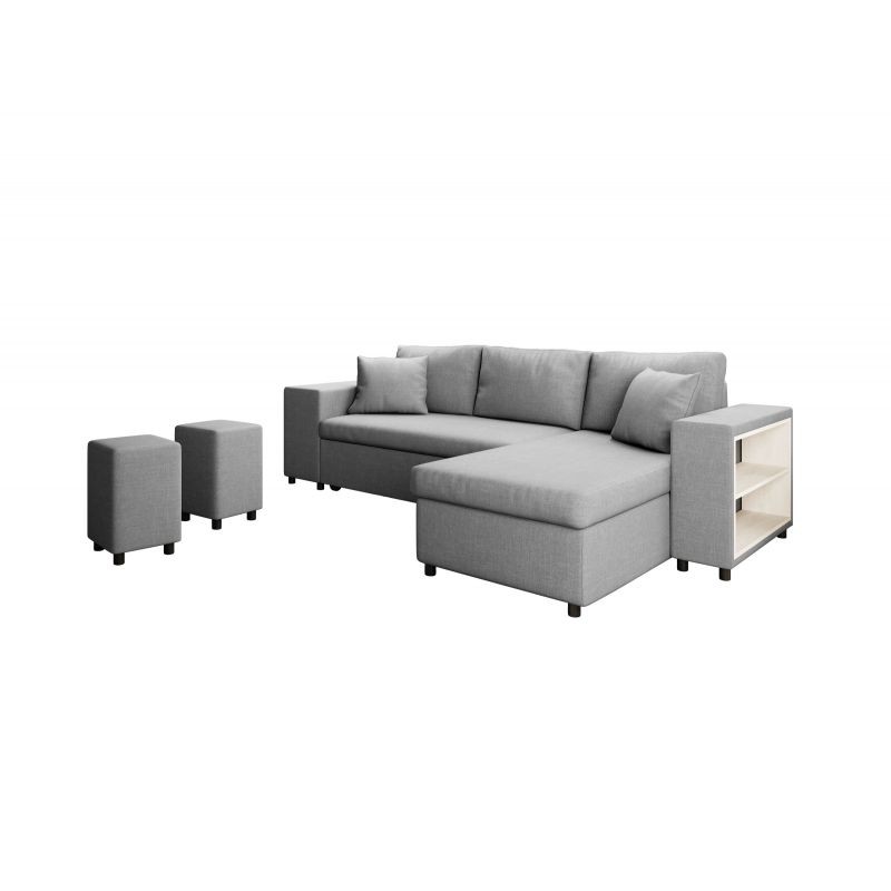 Corner sofa 3 places fabric pouf left shelf right ADRIEN (Light grey) - image 55539