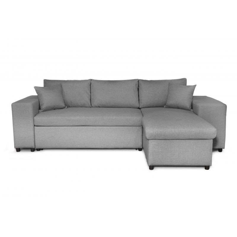 Canapé d'angle 3 places tissu pouf à gauche étagère à droite ADRIEN (Gris clair) - image 55544