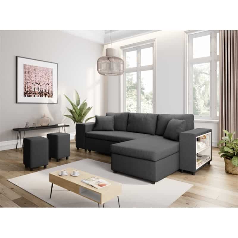 Corner sofa 3 places fabric pouf left shelf right ADRIEN (Dark grey) - image 55546