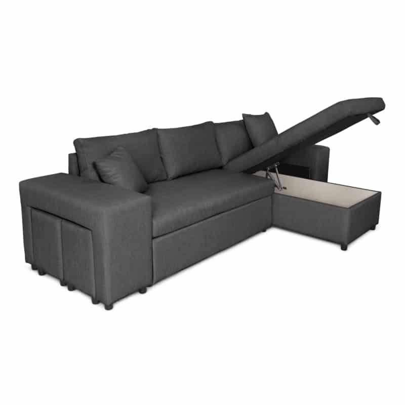 Corner sofa 3 places fabric pouf left shelf right ADRIEN (Dark grey) - image 55547
