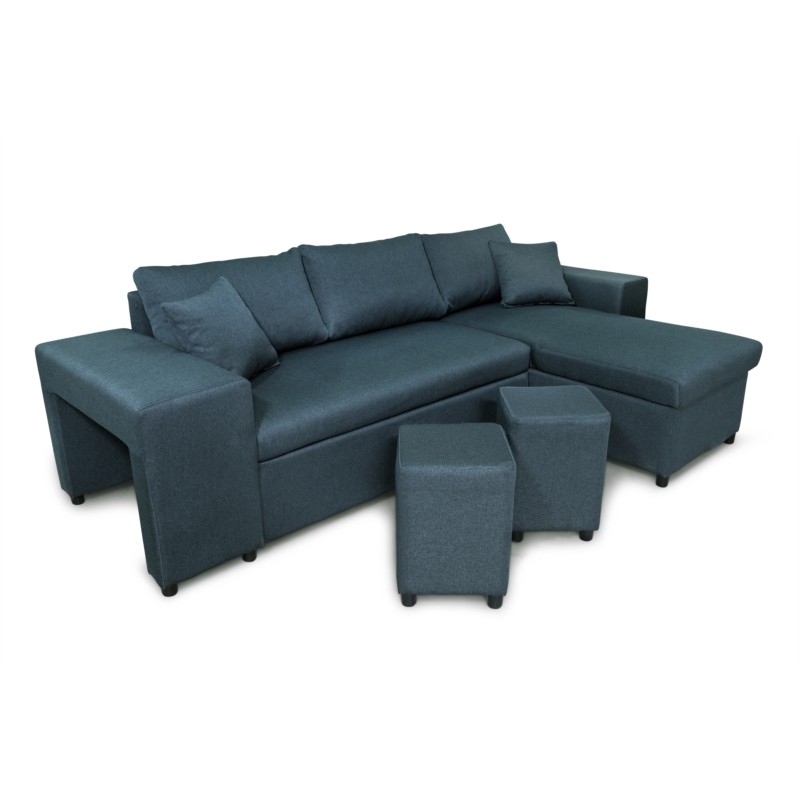 Corner sofa 3 places fabric pouf left shelf right ADRIEN (Oil blue) - image 55567
