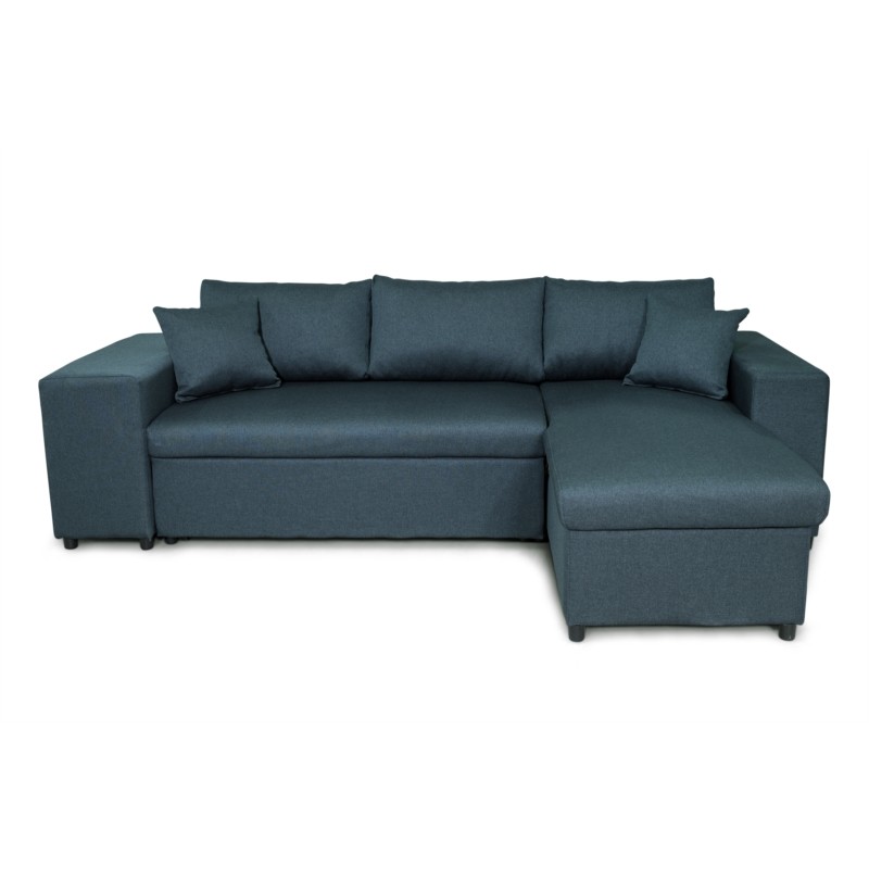 Corner sofa 3 places fabric pouf left shelf right ADRIEN (Oil blue) - image 55568