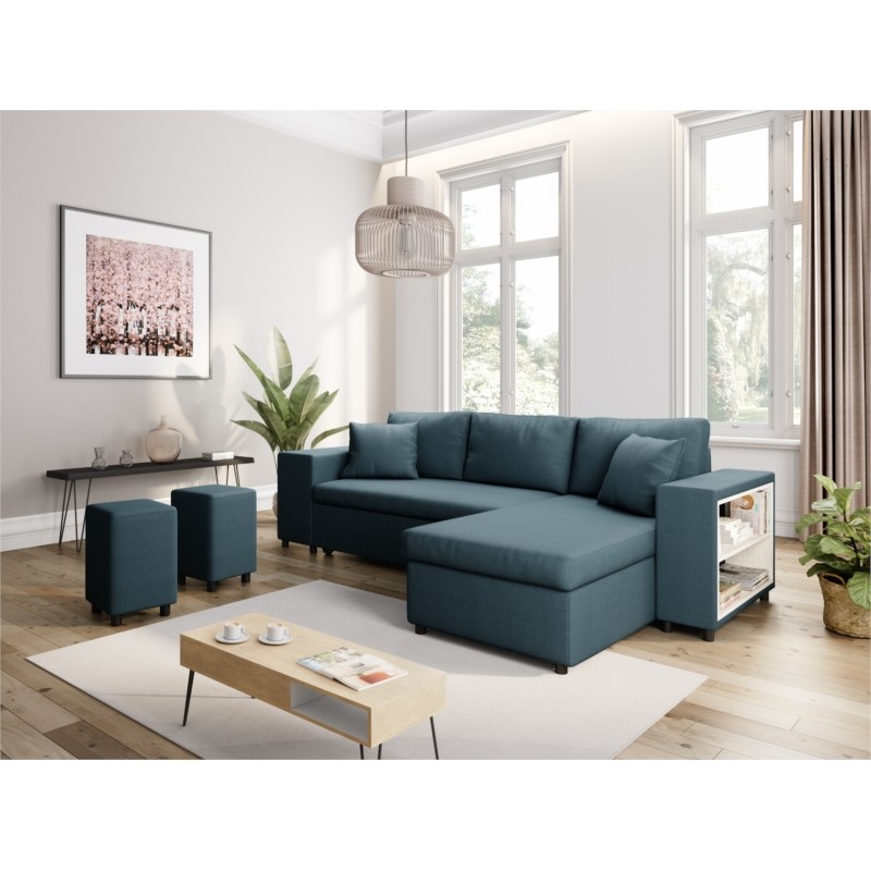 Corner sofa 3 places fabric pouf left shelf right ADRIEN (Oil blue) - image 55570
