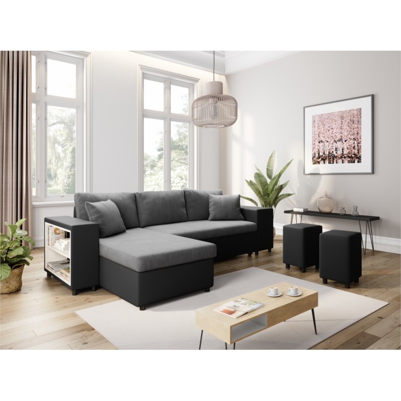 Corner sofa 3 places ottoman right shelf left FABIO (Grey, black) - image 55616