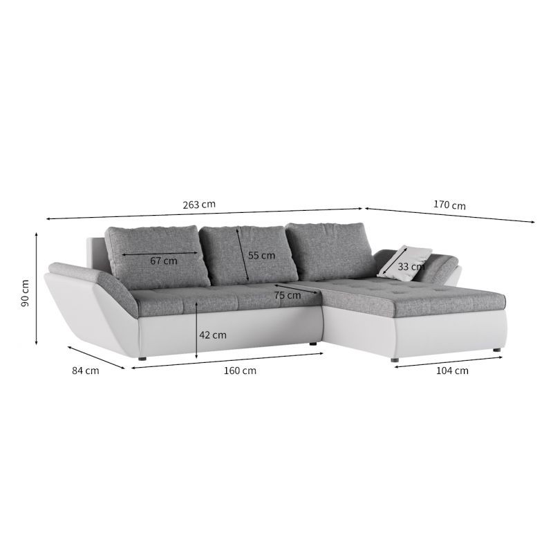 Canapé d'angle convertible 4 places tissu et simili CATHIA (Gris, blanc) - image 55845