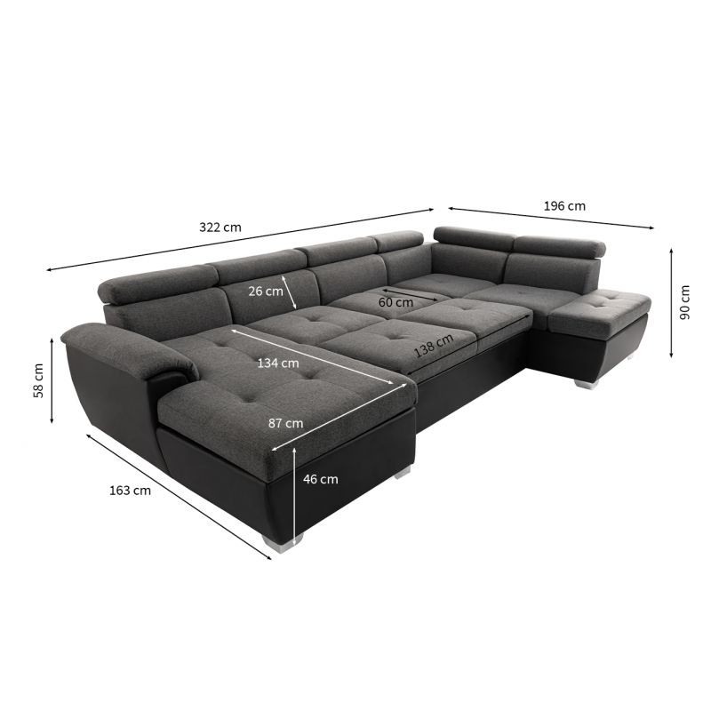Panoramic sofa bed 6 places fabric and imitation PARMA (Grey, black) - image 56888