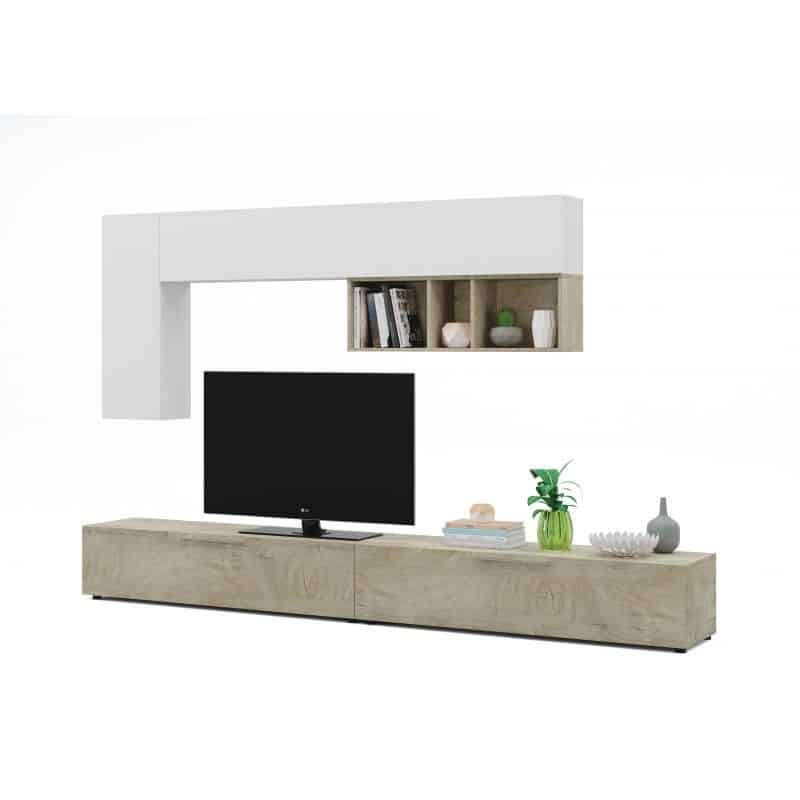 Meuble TV 2 portes L260cm et étagère murale L210 cm VESON (Blanc, chêne) - image 58621