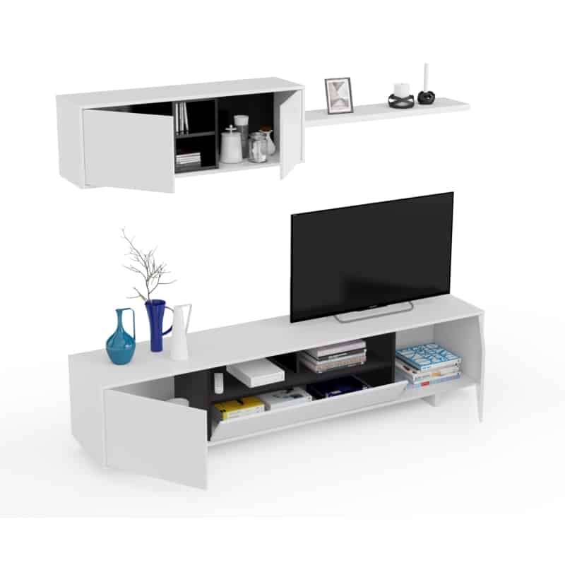3-türiger TV-Ständer mit 1 Nische und WANDregal VESON (Glossy white) - image 58677