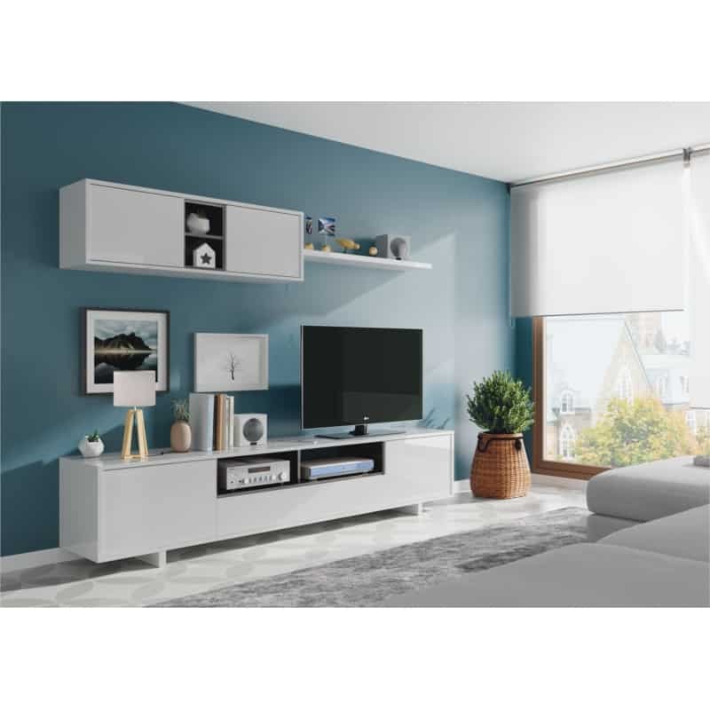 Meuble TV 3 portes avec 1 niche et étagère murale VESON (Blanc brillant) - image 58678