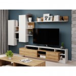 Porta TV 2 ante con mensola e colonne a parete ALBA (Bianco, legno)