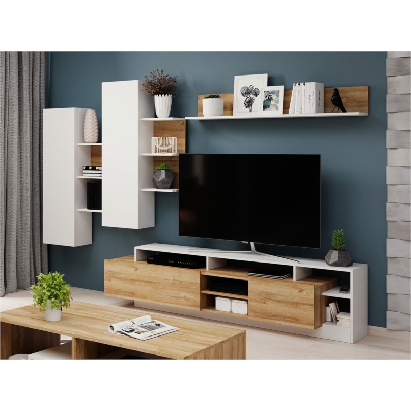 Mueble salón de tv flexible acabado blanco brillo y roble natural, barato y  versátil.