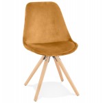Chaise vintage et industrielle en velours pieds bois naturel ALINA (Moutarde)
