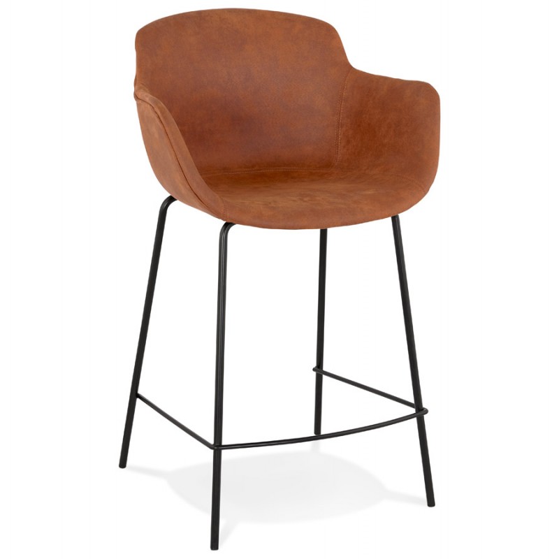 Design mid-height snack stool with black metal foot microfiber armrests TANOU MINI (brown) - image 62370