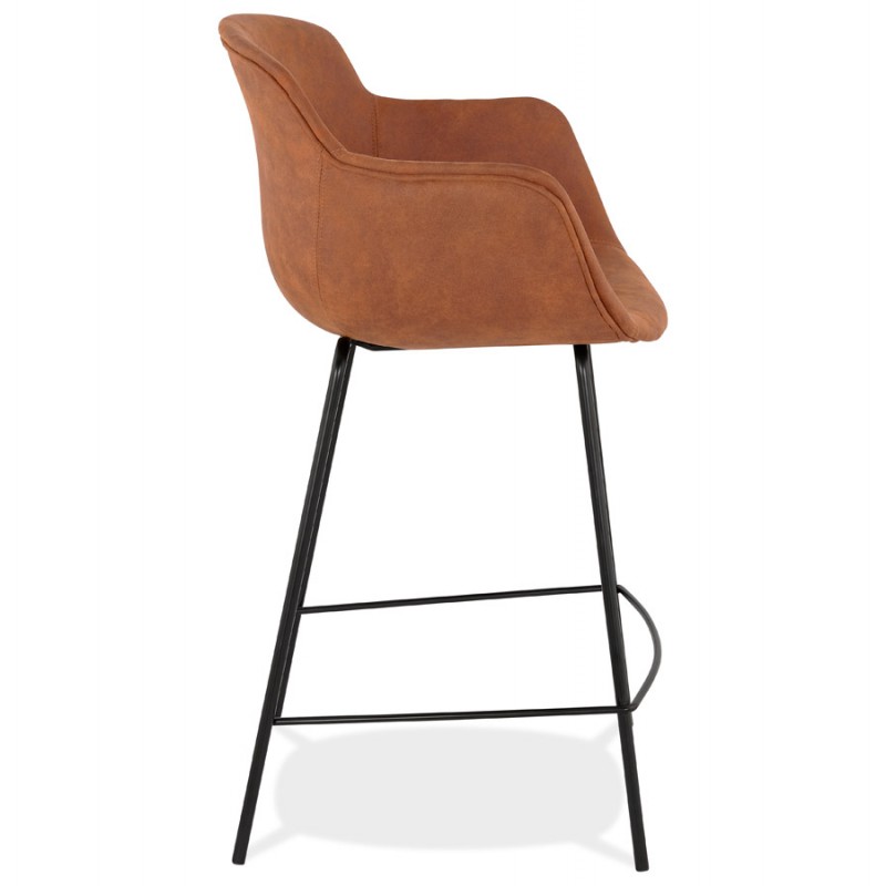 Design mid-height snack stool with black metal foot microfiber armrests TANOU MINI (brown) - image 62372
