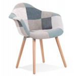 Chair with armrests in patchwork fabric and legs in natural wood ELIO (Blue, grey, beige)
