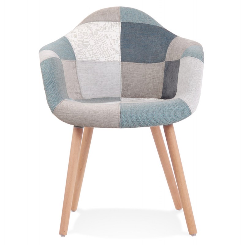 Chaise avec accoudoirs en tissu patchwork et pieds en bois naturel ELIO (Bleu, gris, beige) - image 62939